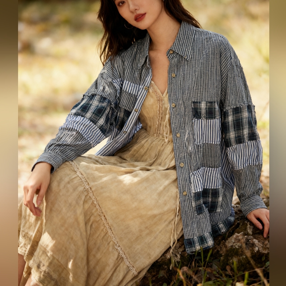 Upcycled Grunge Plaid Shirt With Distressed Pockets